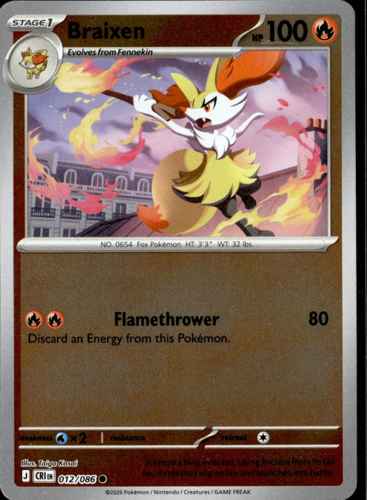 Braixen 012/086 Common Chaos Rising Pokemon Reverse Holo Near Mint