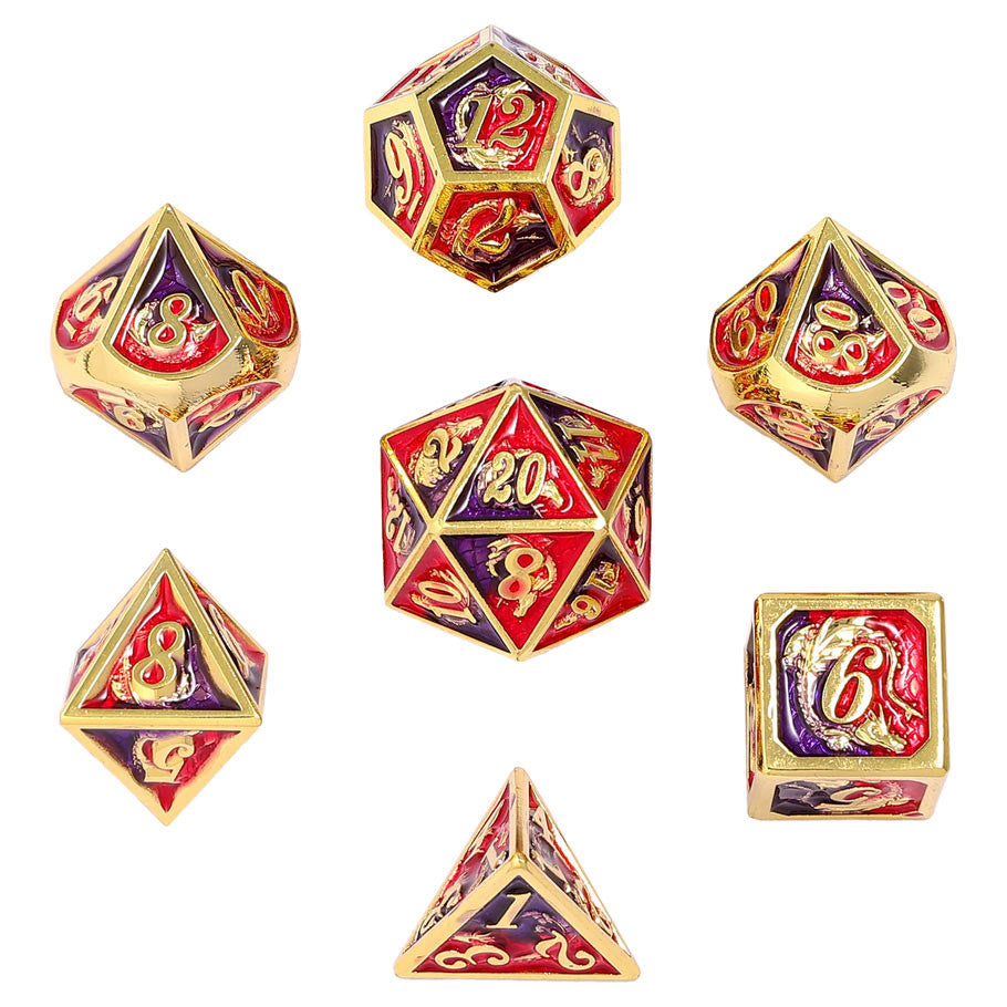 7-Set Solid Metal Dragon Dice: Gold with Red & Purple