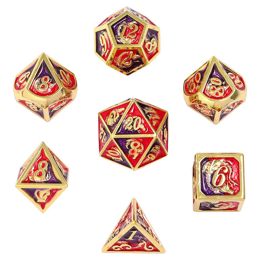 7-Set Solid Metal Dragon Dice: Gold with Red & Purple